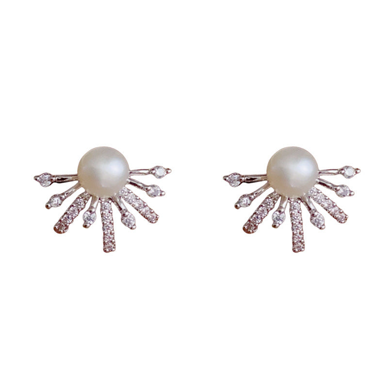 Elegant Zircon Sunflower & Pearl Stud Earrings – Geometric Design