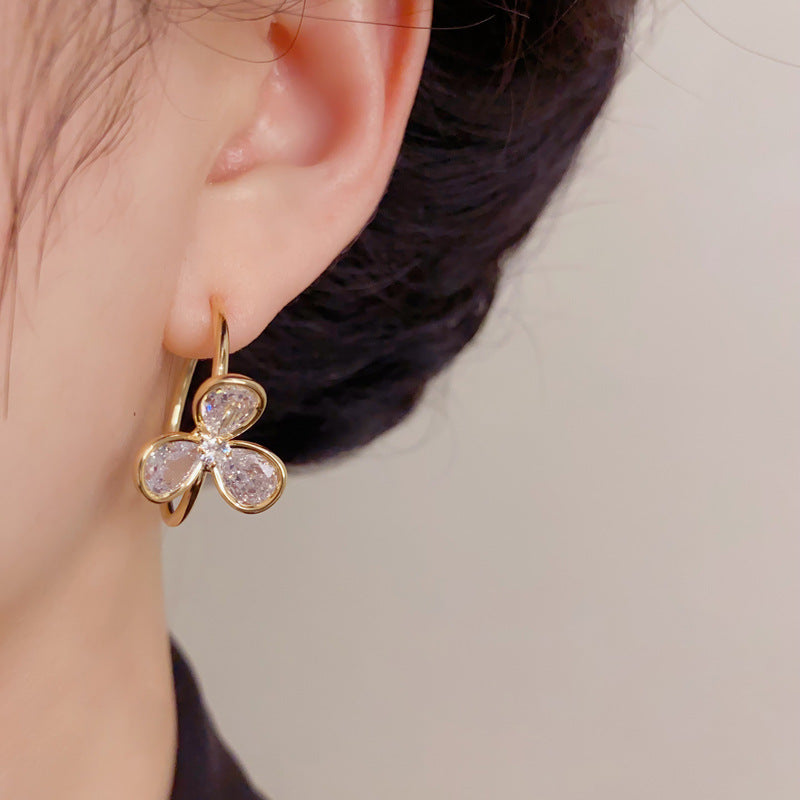 Eaioncol Three Leaf Clover CZ Hoop Earrings Gold Silver