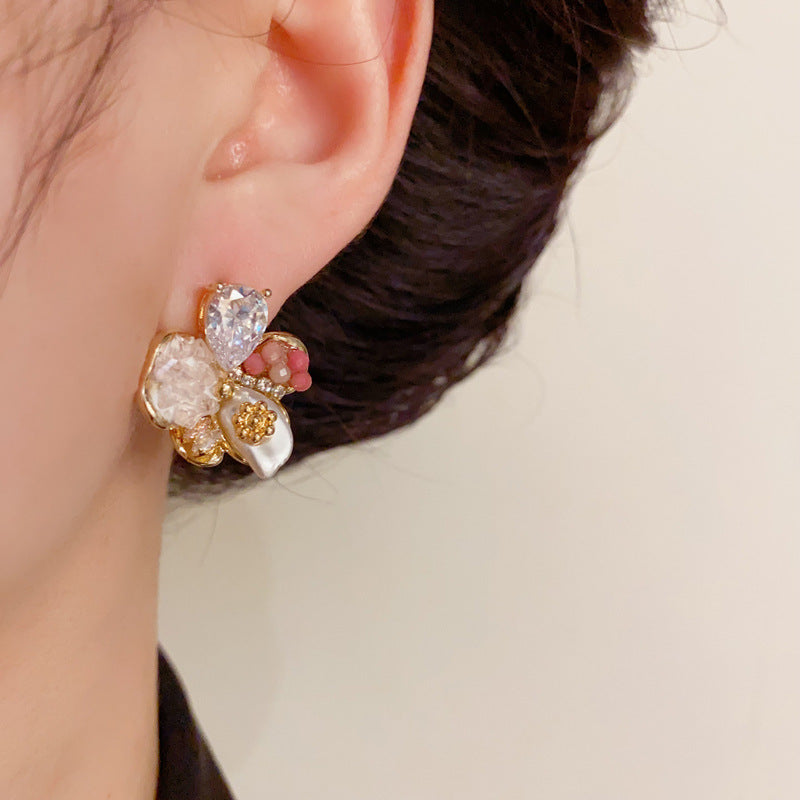 14K Gold Zircon Pearl 5 Petal Flower Stud Earrings-Chic Elegant Design