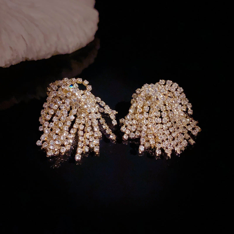 14K Gold Full Rhinestone Tassel Earrings – Glamorous Sparkle Design