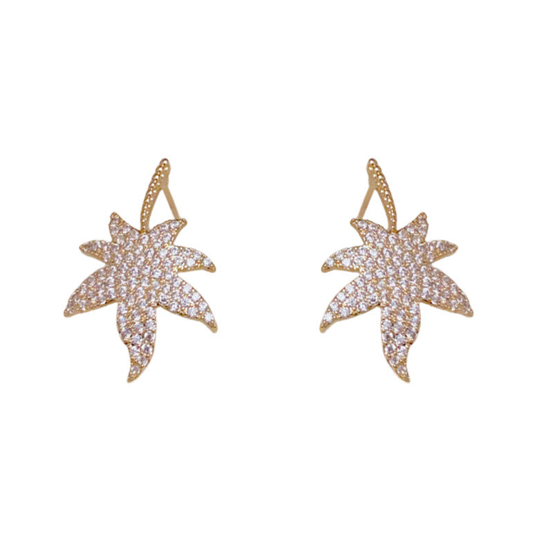 Luxury Full-Zircon Maple Leaf Stud Earrings – Elegant Design