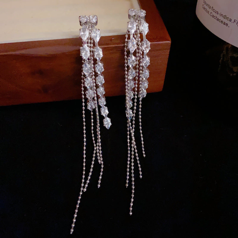 14K Gold Full Zircon Long Tassel Drop Earrings - Chic Elegance Design