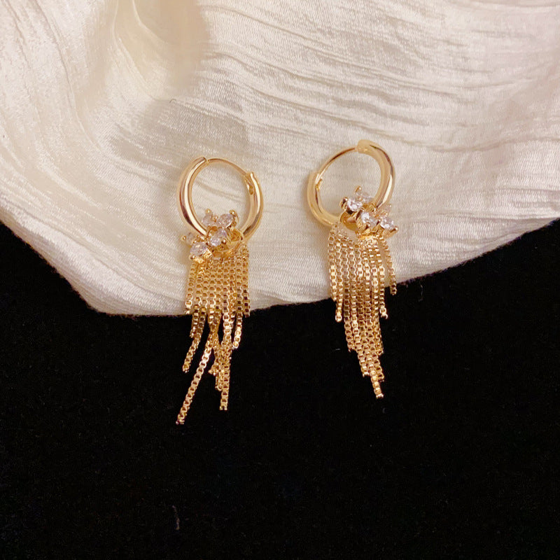 Luxury Zircon Petal & Metal Tassel Earrings – Silver Needle Geometric