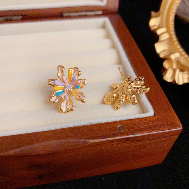 Elegant Colorful Enamel 18K Gold Firework Stud Earrings– Floral Design