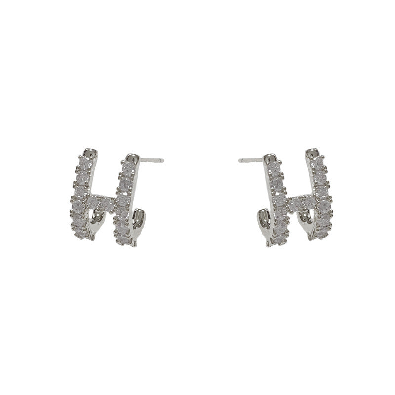 14K Gold-Plated H Letter Full Diamond Stud Earrings - Elegant & Chic
