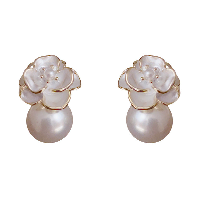 14K Gold-Plated Camellia Pearl Stud Earrings – Korean Minimalist Style