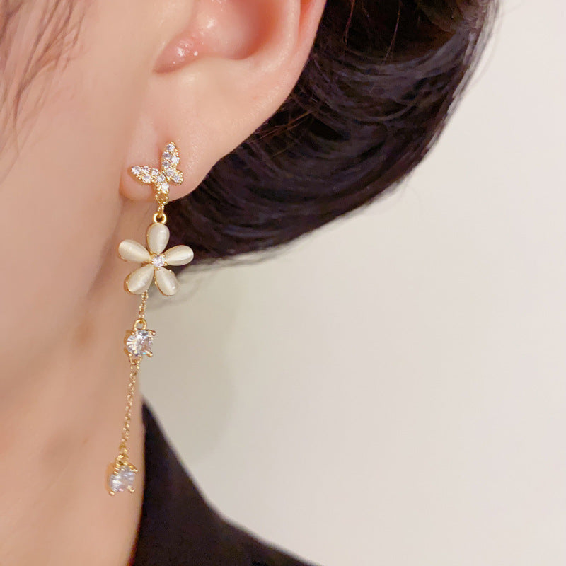 Luxury Zircon Cat's Eye & Flower Tassel Drop Earrings – Elegant Design
