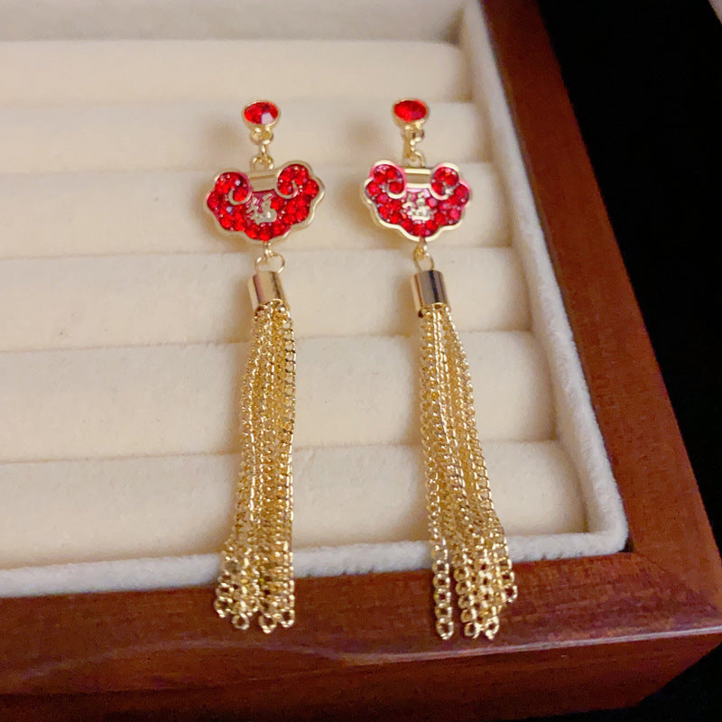 14K Gold-Plated Red Fu Peace Lock Diamond Long Tassel Earrings
