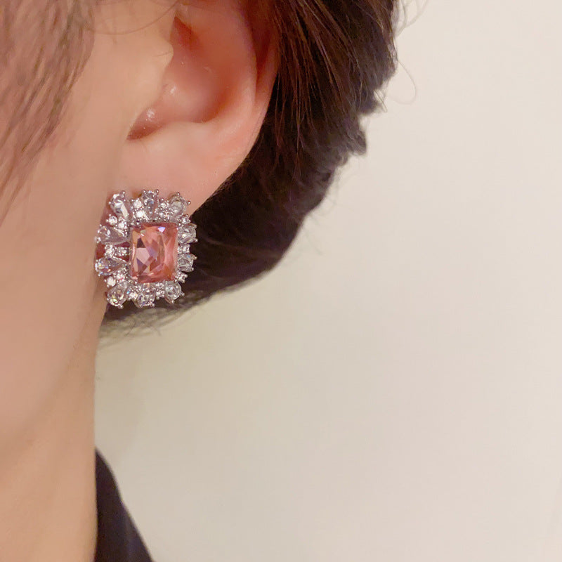 Silver-Plated Pink Square Stud Earrings - Dazzling Minimalist Design