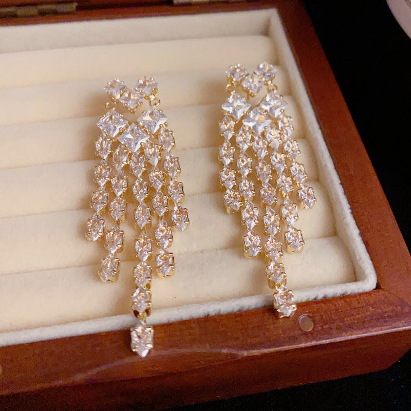 14K Gold-Plated Full Diamond Heart Tassel Earrings – Glamorous Design