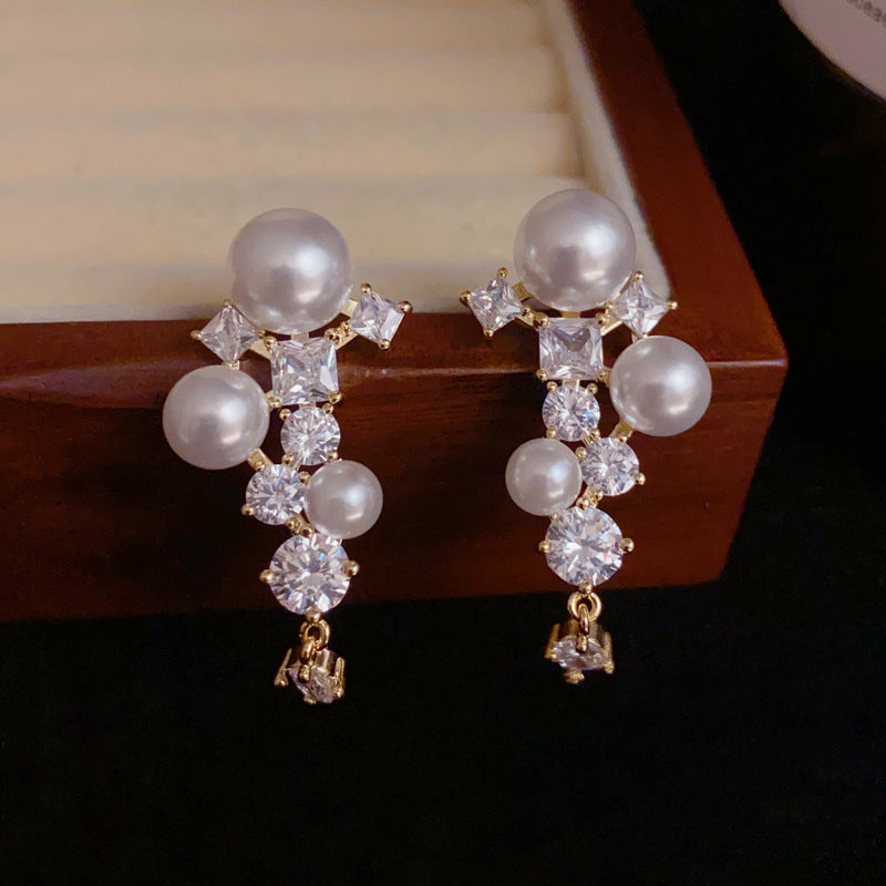 14K Gold-Plated Zircon Pearl Tassel Earrings – Bold Geometric Design