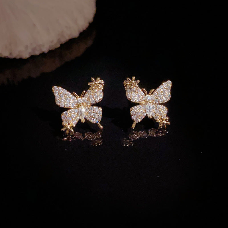 14K Gold-Plated Full Zircon Butterfly Stud Earrings – Elegant Sparkle