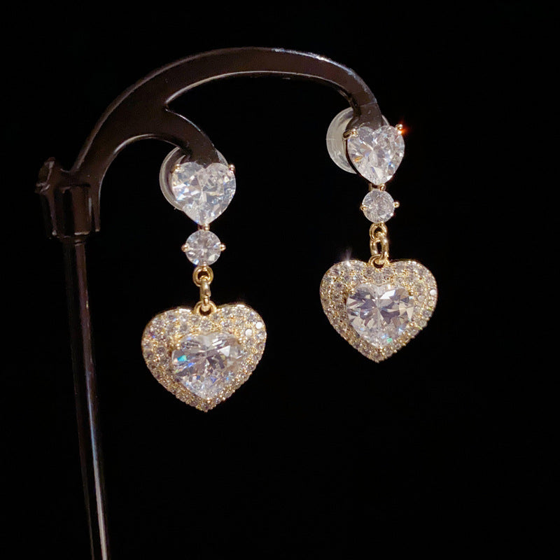 14K Gold Full Zircon Heart Tassel Earrings – Sparkling Elegant Style