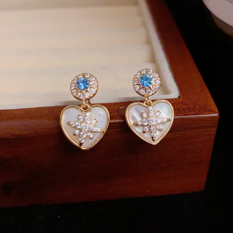 14K Gold Zircon Star & Mother-of-Pearl Heart Earrings – Elegant Design