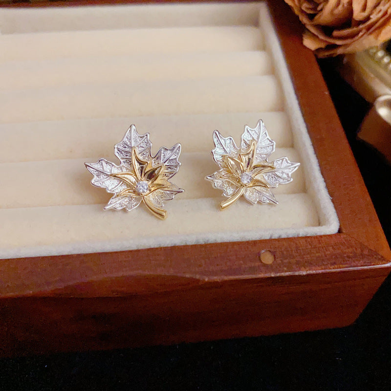 Elegant Colorblock Maple Leaf Stud Gold Earrings – Floral Design
