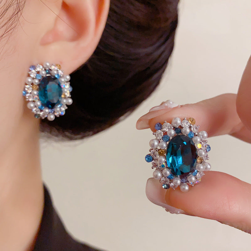 Luxury Full-Zircon Pearl Oval Stud Earrings – Floral Design