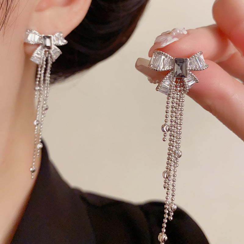 Elegant Zircon Bow Tassel Drop Earrings – French Retro Design
