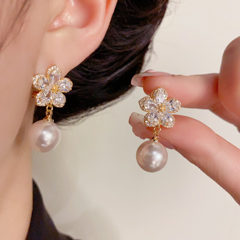 14K Gold-Plated Full Zircon Floral Pearl Drop Earrings Elegant Sparkle