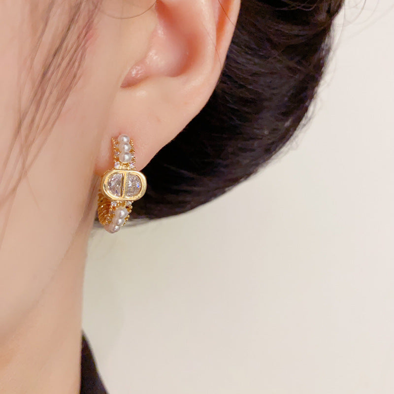 Luxury CD Pearl Hoop Gold Earrings – Letter-Inspired Elegant Design