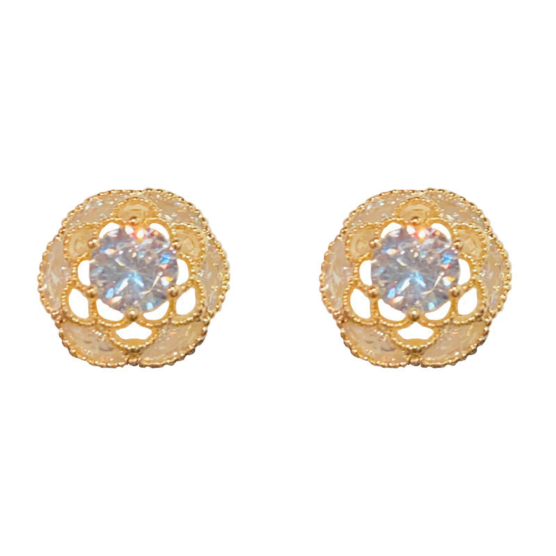 14K Gold Zircon Open Flower Stud Earrings - Chic Elegance Design