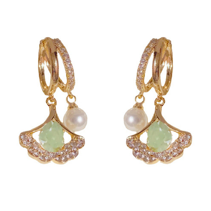 14K Gold-Plated Green Ginkgo Leaf Zircon Earrings – Elegant Design