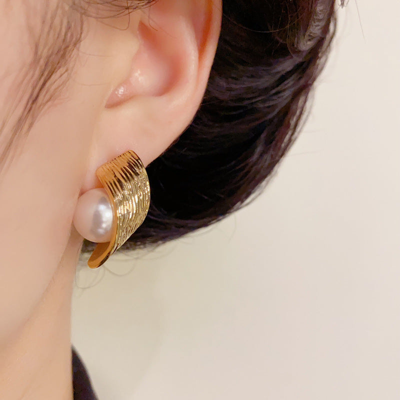 14K Gold Pearl Wrapped Hoop Stud Earrings – Elegant Minimalist Design