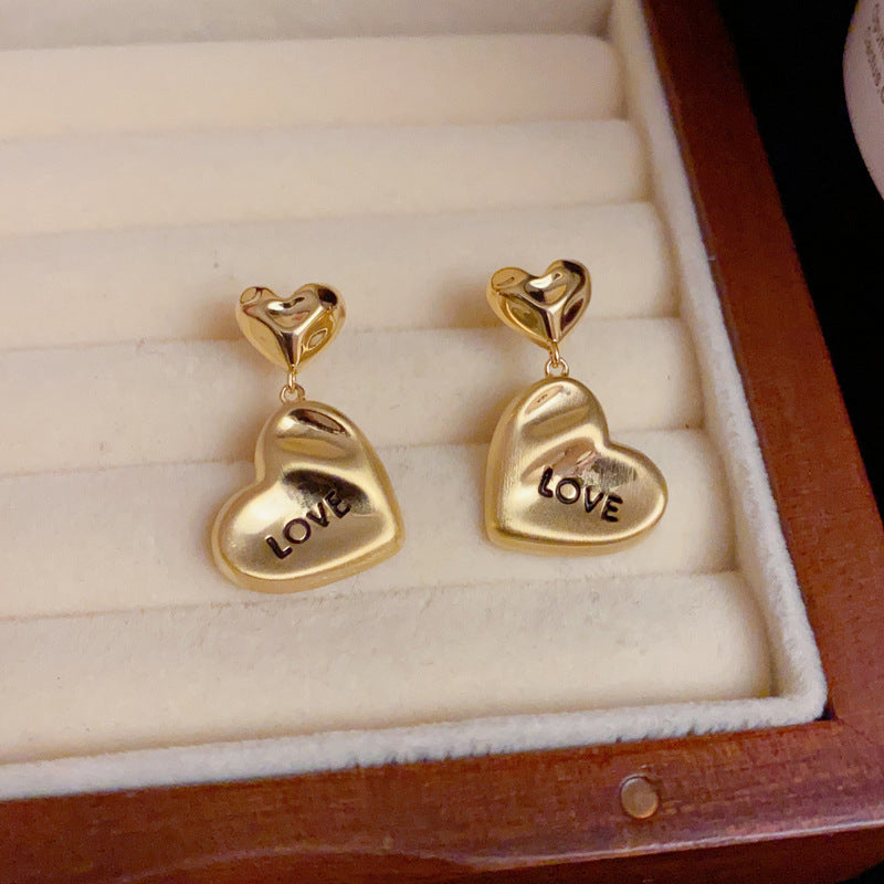 14K Gold-Plated Metal Heart Letter Earrings-Chic French Vintage Design