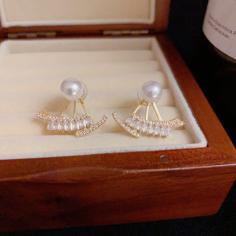 14K Gold Minimalist Pearl Fan-Shaped Front-Back Earrings – Elegant