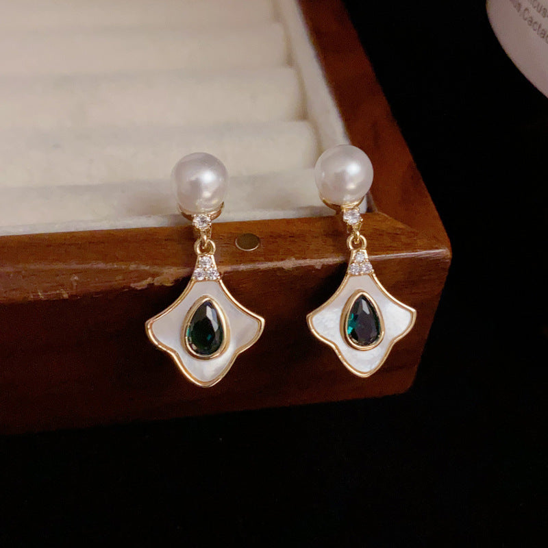 14K Gold-Plated Shell Zircon Pearl Stud Earrings - Elegant & Versatile Design