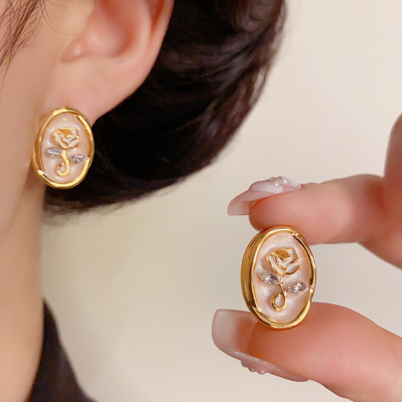 14K Gold-Plated Rose Oval Enamel Stud Earrings – Vintage Chic Design