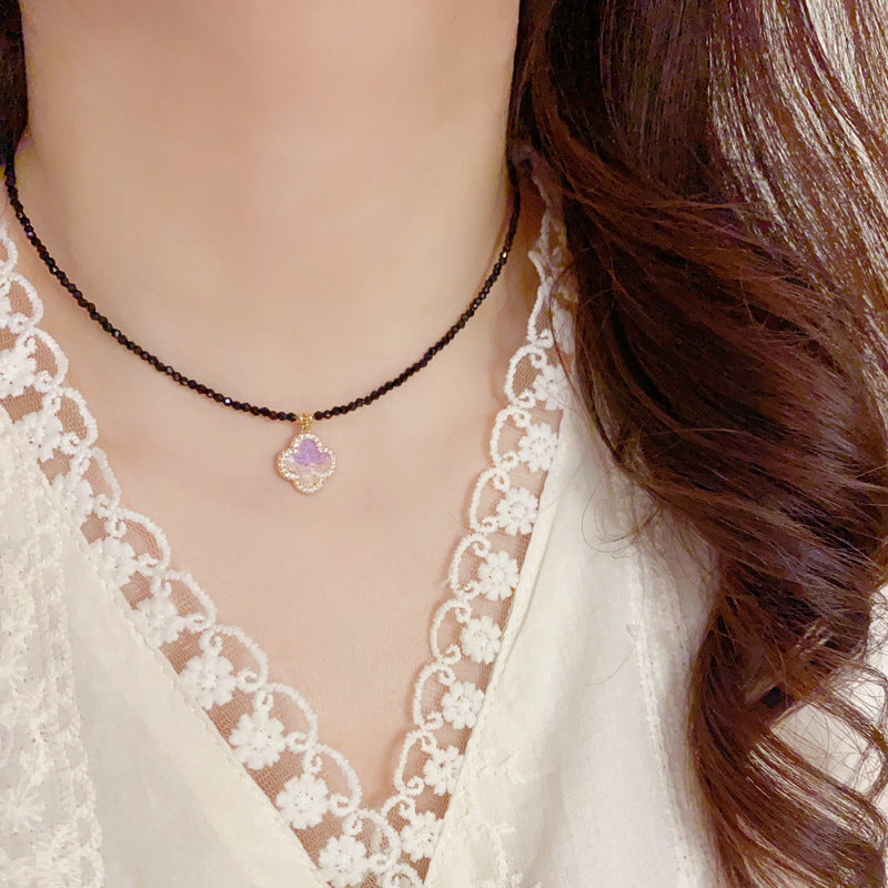 Purple Crystal Clover Black Crystal Necklace - Chic Design