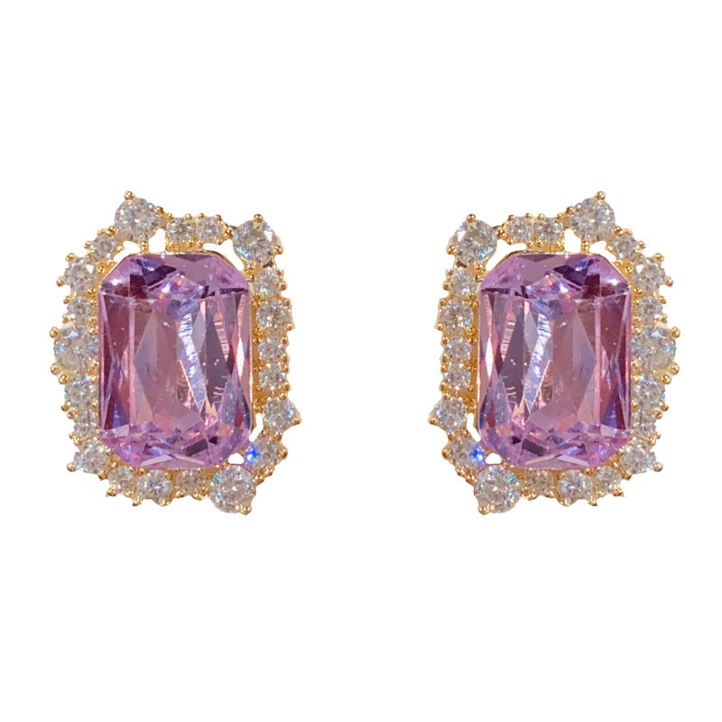 14K Gold-Plated Zircon Purple Square Stud Earrings – Elegant Design