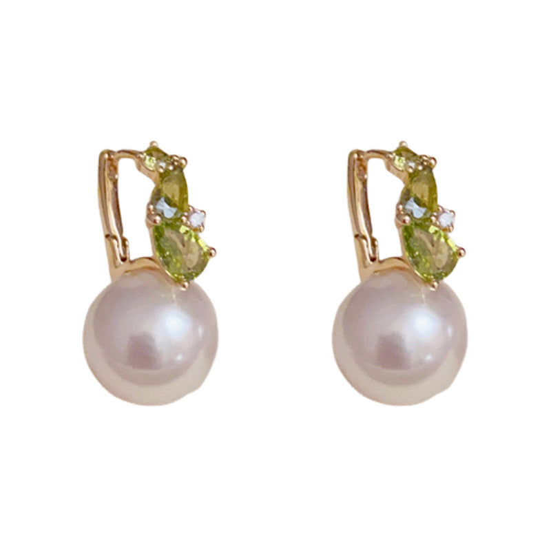 14K Gold Minimalist Green Zircon & Pearl Earrings – Elegant Design