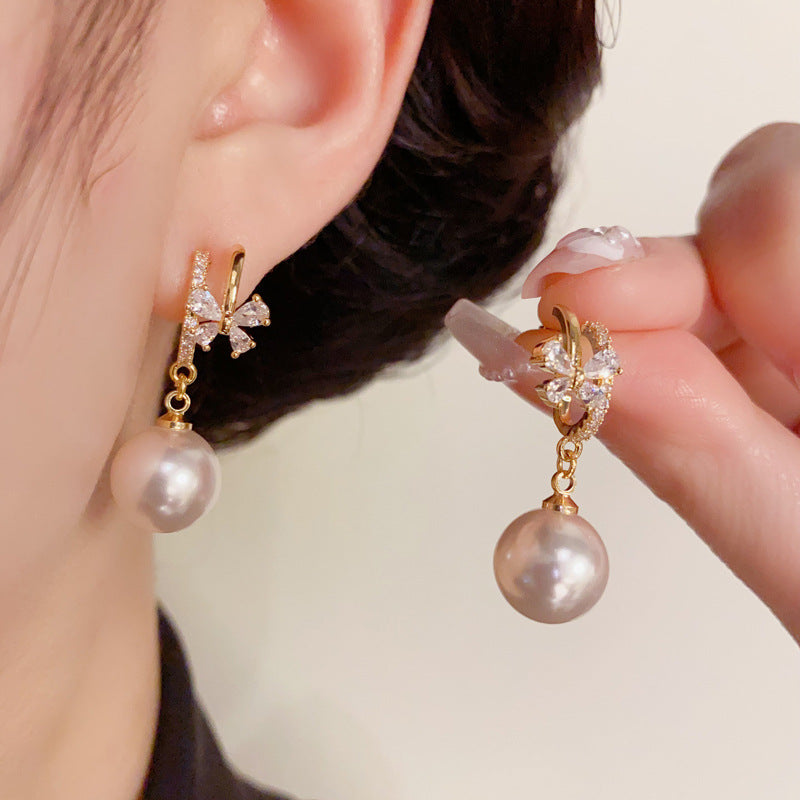 14K Gold-Plated Zircon Butterfly Pearl Tassel Earrings –Elegant Design