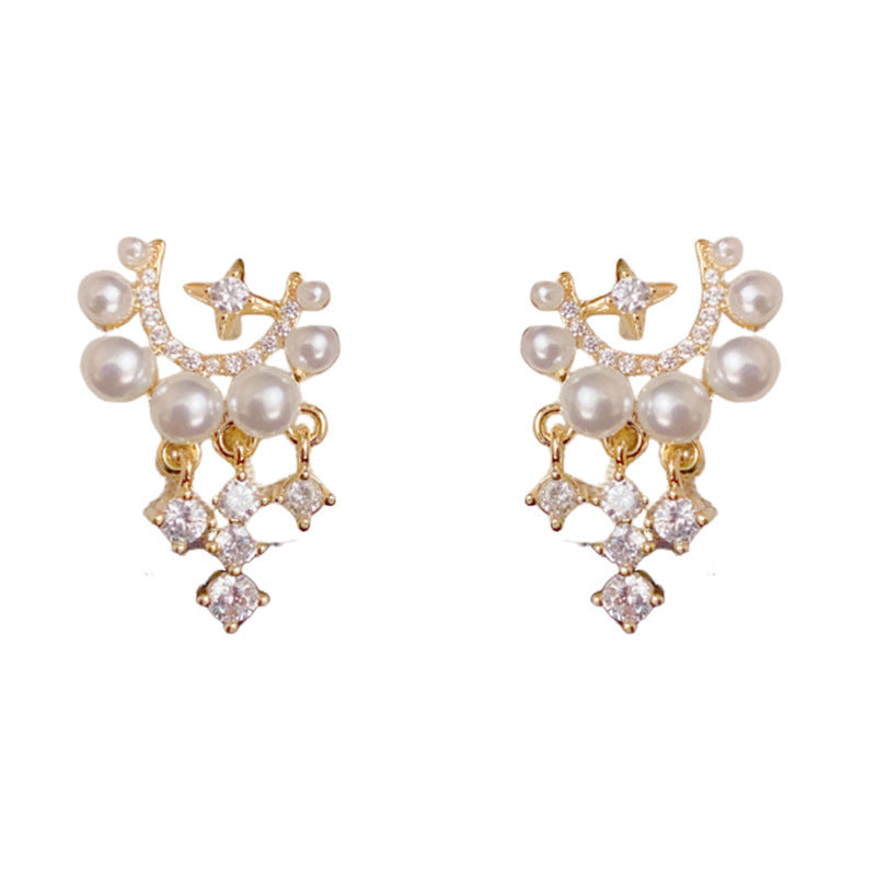 Luxury Zircon Star-Shaped & Pearl Tassel Drop Earrings– Elegant Design