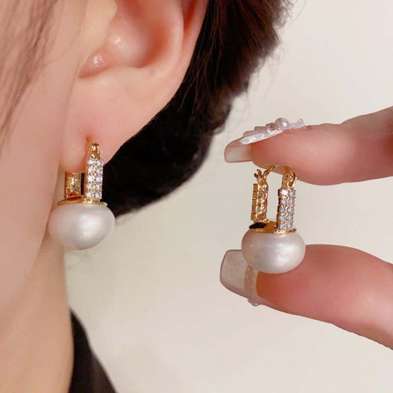 14K Gold Full Zircon Square Pearl Earrings - Chic Elegance Design