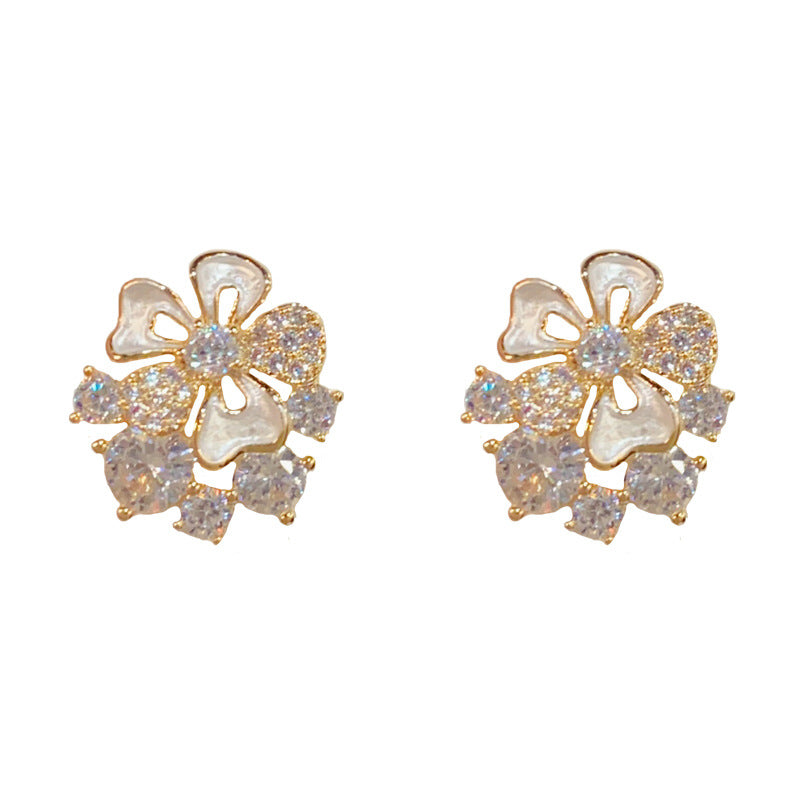 14K Gold-Plated Full Zircon Floral Stud Earrings – Elegant Design