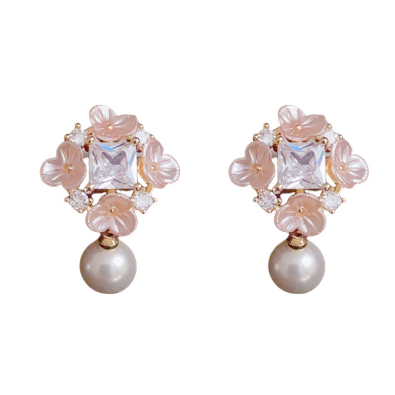 Minimalist Petal Zircon & Pearl Drop Earrings – Elegant Floral Design