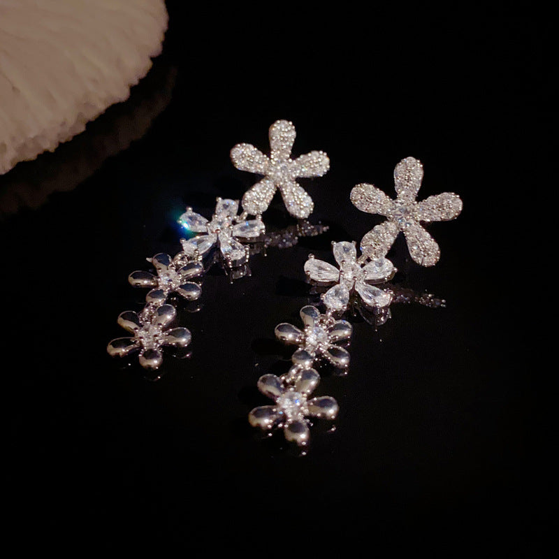 14K Gold Full Zircon Flower Tassel Earrings – Elegant Sweet Style