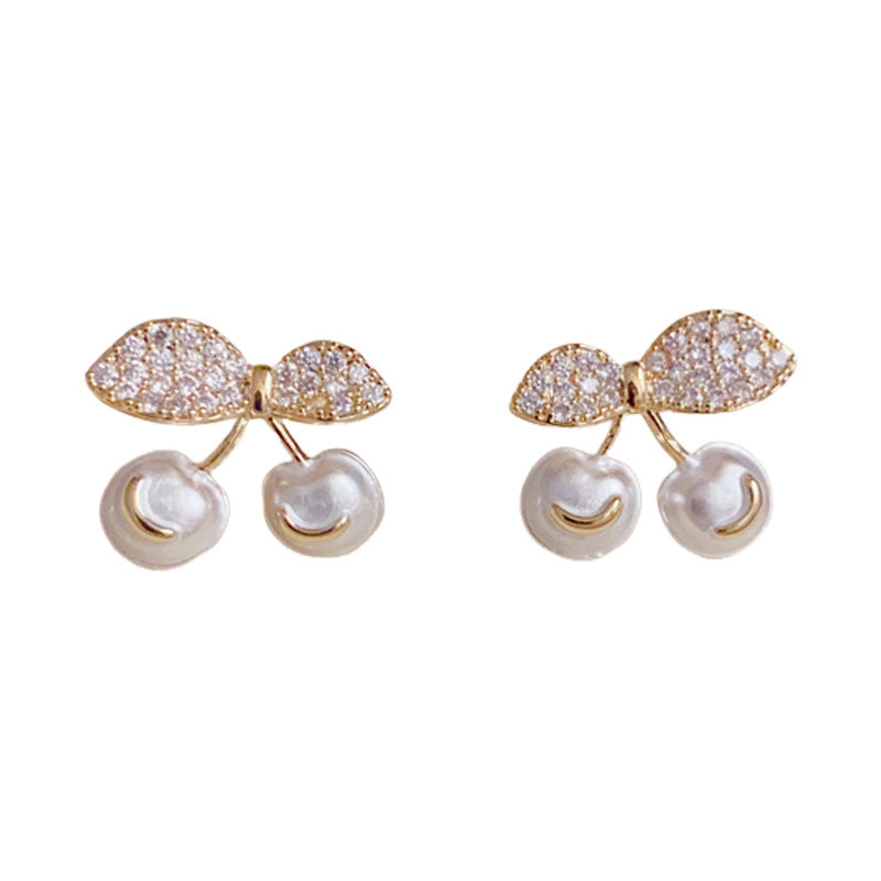 14K Gold Minimalist Zircon&Pearl Cherry Stud Earrings – Elegant Design