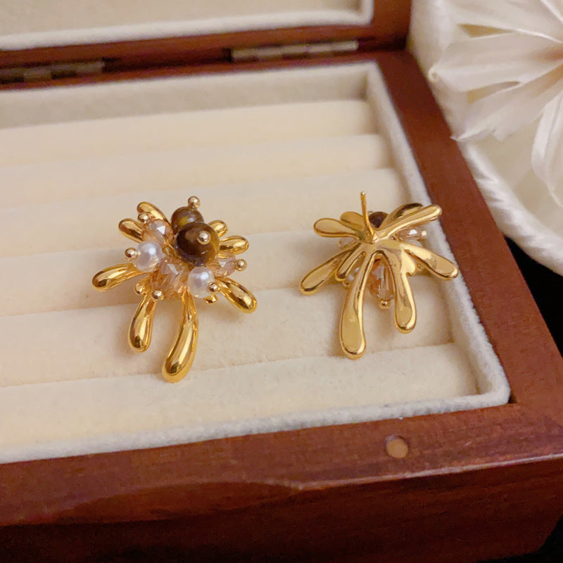 Elegant Metal Firework Tiger's Eye Stud Earrings – Geometric Design