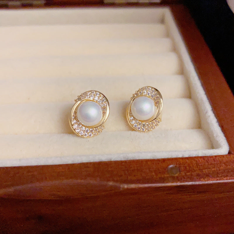 14K Gold-Plated Full Zircon Oval Pearl Stud Earrings – Elegant Sparkle