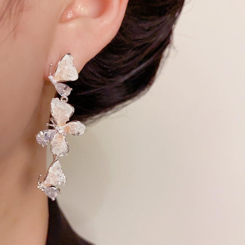 14K Gold Gradient Crystal Butterfly Tassel Earrings – Elegant Design