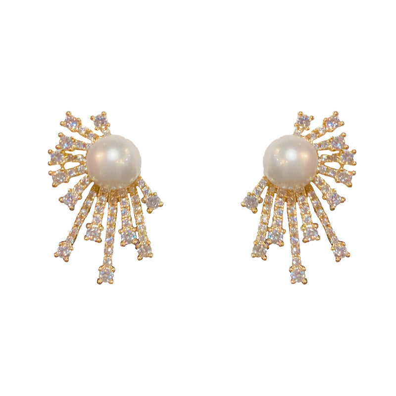 14K Gold-Plated Zircon and Pearl Geometric Earrings - Elegant Design