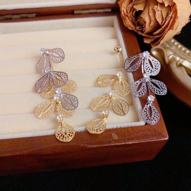 Chic Gold-Silver Leaf Tassel Front-Back Drop Earrings – Elegant Design