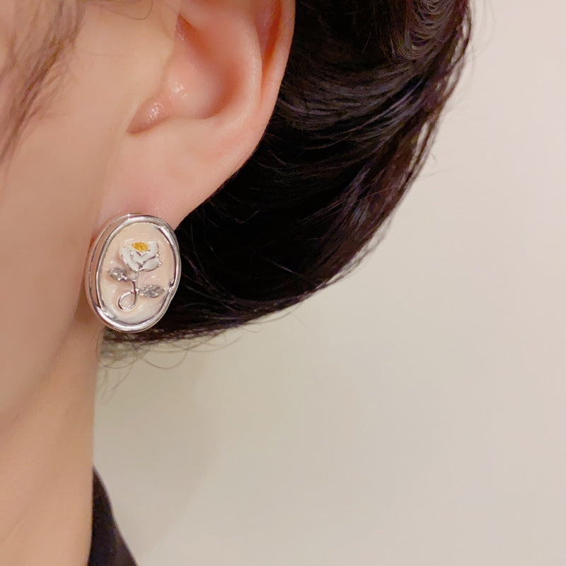 14K Gold-Plated Rose Oval Enamel Stud Earrings – Vintage Chic Design