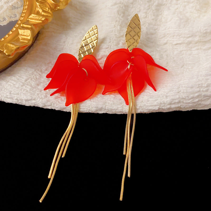 Luxury Red Petal Long Tassel Drop Earrings – French Floral Design