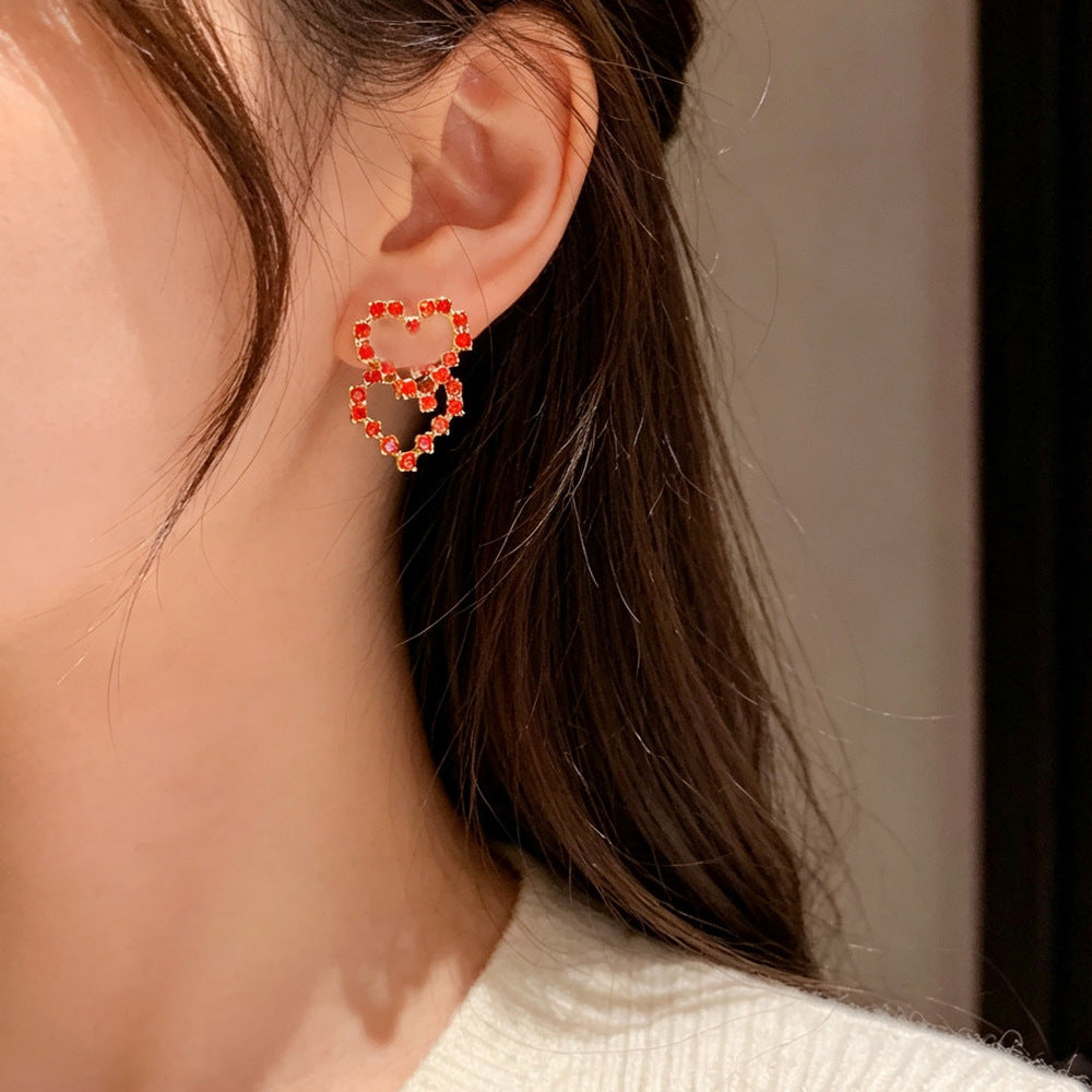 Eaioncol Red Heart CZ Two-Way Earrings 14K Gold Plated