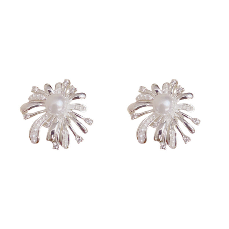 Luxury Metal Pearl & Firework Stud Earrings – Elegant Floral Design