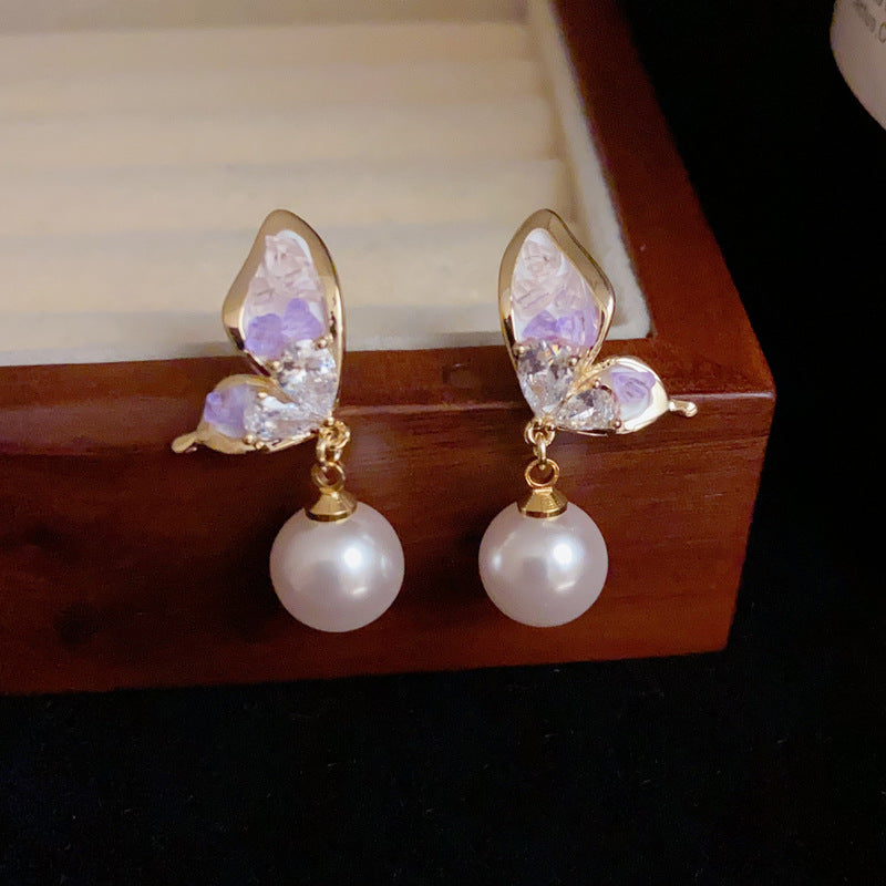 14K Gold-Plated Butterfly Pearl Drop Earrings – Elegant Sweet Design